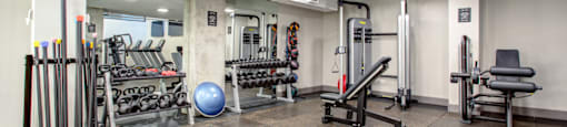 a gym with weights and cardio equipment in a building