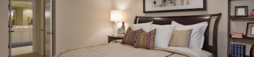 Huge master bedroom with attached walk-in closet and master bathroom, spacious master bedroom at Embassy Park Apartments in Omaha, Nebraska