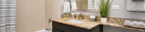 a bathroom with a sink and a mirror and a tub