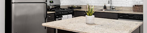 a kitchen with stainless steel appliances and a granite counter top