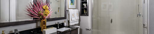 Luxury bathroom with granite countertops, double sink vanity, glass shower and built-in shelves at Xenia Apartments in Golden Valley, Minnesota