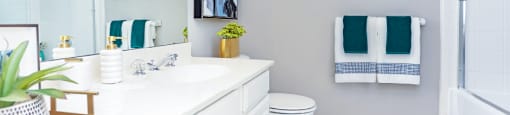 Spacious bathroom with tile floors, gray colored walls, glass enclosed shower and oval soaking tub, and lots of counter space at The Dorchester Apartments in Dallas Texas