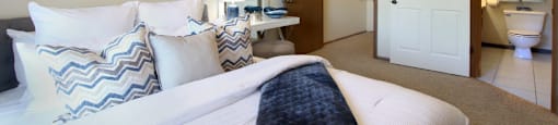 Spacious master bedroom with attached walk-in closet and master bathroom at Tanglewood Apartments in Lincoln, Nebraska