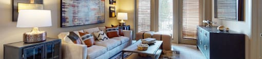 Luxury apartments with spacious open floor plan, porcelain tile floors, and oversized windows at Bellemeade Apartments in west Des Moines