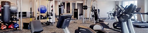 Huge fitness center with a variety of work out machines and equipment at Xenia Apartments in Golden Valley Minnesota