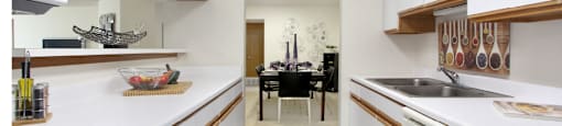 Bright white kitchen with lots of cabinet space, lots of counter space, and spacious dining room at at LionsGate Apartments in Lincoln, Nebraska