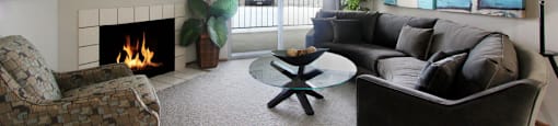 Spacious floor plan, open floor plan, spacious apartment with woodburning fireplace, spacious dining room, and gray wall color at The Vanderbilt Apartments in central Omaha, Nebraska
