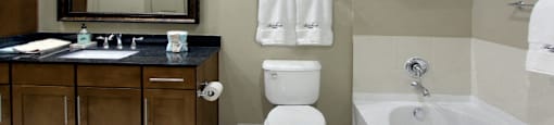 Luxury bathroom with oval soaking tub, glass shower, granite countertops and linen closet at Bellemeade Apartments in west Des Moines