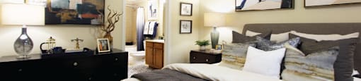 Luxury apartments with large master bedrooms to accommodate king-size beds, attached master bathroom and walk-in closet at The Voss Apartments in Houston.