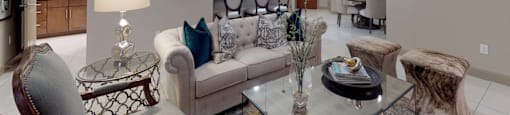 Luxury apartments with spacious living room and dining room with built-in buffet with granite slab top, and 10-foot ceilings at Tuscany Walk Apartments in Houston Texas.