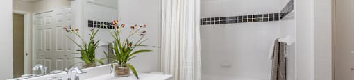 Spacious bright white bathroom with oversized garden tub and built-in vanity at Village on the Parkway Apartments