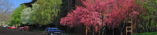 Apartments in central Omaha with brick exteriors, huge balconies, spacious balconies, scenic views, lots of trees, and beautiful landscaping at Embassy Park Apartments in Omaha, Nebraska