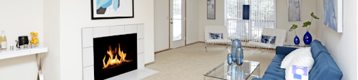 Apartments in central Lincoln Nebraska with spacious living room, spacious floor plan, huge living room, and woodburning fireplace at Tanglewood Apartments