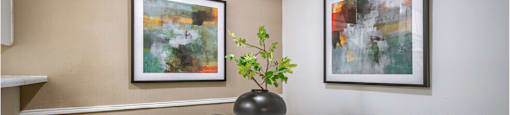 Dining room with taupe feature wall and breakfast bar at Woodlake Oaks Apartments in Houston