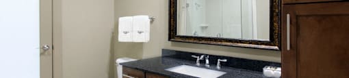 Luxury bathroom with oval soaking tub, glass shower, granite countertops and linen closet at Bellemeade Apartments in west Des Moines