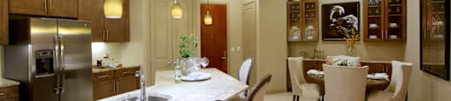 Spacious layout with built-in buffet with granite slab top in the dining room and 10-foot ceilings at Tuscany Walk Apartments in Houston Texas.