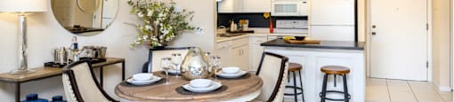 Apartments with open floor plan, spacious layout, colored feature wall, kitchen island, and prep island at Embassy Park Apartments in Omaha, Nebraska