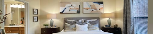 Luxury apartments with large master bedrooms to accommodate king-size beds, attached master bathroom and walk-in closet at The Voss Apartments in Houston.