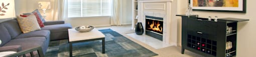 Luxury apartments with spacious layout, spacious floor plan, woodburning fireplace, oversized windows, and built-in shelves at The Biltmore Apartments in Omaha, Nebraska