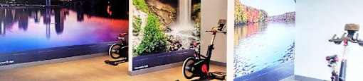 Peloton bikes with murals in the fitness center at Xenia Apartments in Golden Valley Minnesota
