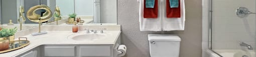 Luxury apartments with wood grain plank floors, extra cabinet space, white cabinets, built-in vanity, oval soaking tub, and glass shower at Lenox Village Apartments in Lincoln, NE