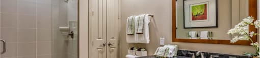 Luxury bathroom with granite countertops, glass shower and linen closet at Villa Piana Apartments in Dallas