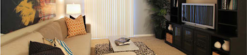 Spacious living room with colored feature wall at Embassy Park Apartments in Omaha, Nebraska