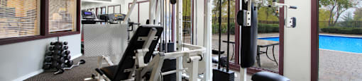 Fitness center and outdoor swimming pool at Inwood Apartments in La Vista, Nebraska