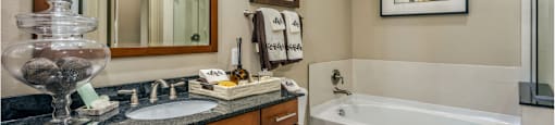 Luxury bathroom with granite countertops, glass shower and separate soaking tub at Villa Piana Apartments in Dallas