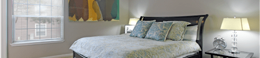 Huge master bedroom with walk-in closet, gray wall color, and luxury master bathroom at Breckenridge Apartments in Omaha, Nebraska