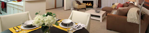 Huge apartment, spacious floor plan, spacious apartment with woodburning fireplace, spacious kitchen, spacious dining room, bright white kitchen at Tanglewood Apartments