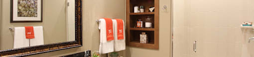 Luxury bath suite with granite slab vanity top, frameless glass walk-in shower, and spacious linen cabinets and built-in shelves at Tuscany Walk Apartments in Houston.