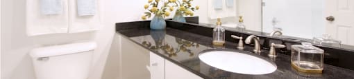 Luxury bathroom with oval soaking tub with glass enclosure, granite vanity top, and glass shower at Tuscany Villas Townhomes in Houston.