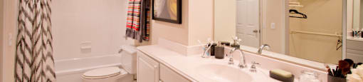 Huge master bathroom with spacious walk-in closet, lots of cabinet space, tiled floor, tiled shower with tub at Embassy Park Apartments in Omaha, Nebraska