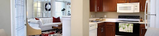 Spacious luxury apartments with built-in shelves, spacious dining room, u-shaped kitchen, rich brown toned cabinets, crown molding, French door and oversized windows at The Biltmore Apartments in Omaha, Nebraska