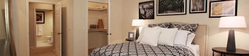 Spacious bedroom with walk-in closet and bathroom at The Biltmore Apartments in Omaha, Nebraska