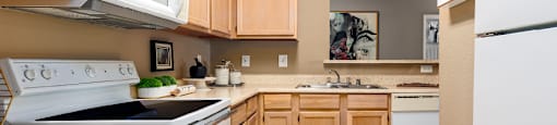 Luxury apartments with spacious kitchen, wood plank floors, breakfast bar, washed oak cabinets, granite countertops, extra pantry storage, and 9-foot ceilings at Kensington Square Apartments.