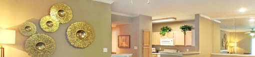 Luxury apartments with spacious kitchen, full-size washer and dryer, wood plank floors, built-in shelves, breakfast bar, mirror accent wall, washed oak cabinets, and 9-foot ceilings at Kensington Square Apartments.