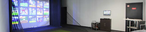 A room with a screen and a green carpet.