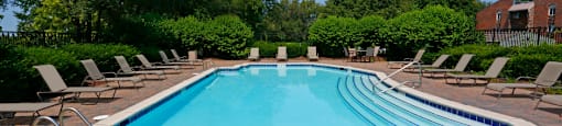 Large private swimming pool with lush landscaping at Inwood Village Apartments in La Vista, Nebraska
