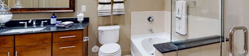 Luxury bathroom with granite countertops, glass shower and separate soaking tub at Luxembourg Apartments in Bloomington Minnesota