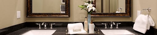 Luxury master bathroom with granite countertops and double sink vanity at Luxembourg Apartments in Bloomington Minnesota