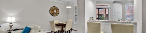 Spacious dining room with built-in bookshelves, hardwood floors, breakfast bar, and French doors at Tuscany Villas Apartments in Houston.