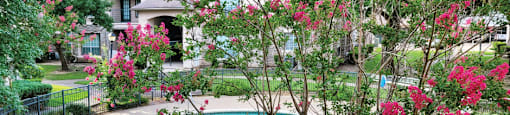 Luxury resort-style swimming pool with fountain, poolside lounges chairs, beautiful landscaping, lush landscaping and scenic views at Village on the Parkway Apartments.
