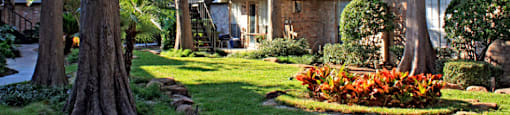 Gated apartment community close to the Galleria with pool, spa, poolside lounge chairs, lush landscaping, beautiful landscaping, and neighborhood setting.