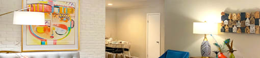 Spacious one and two bedroom floor plans with white brick accent walls and wood plank floors at Waters of Winrock Apartments in Houston.