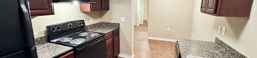 A kitchen with dark wood cabinets and a black refrigerator.