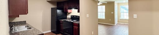 A kitchen with dark wood cabinets and a black refrigerator.