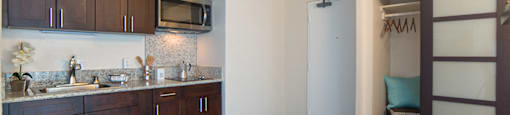 Waikiki Walina Apartments entry way with closet storage and kitchen area with appliances, cabinets, and counters