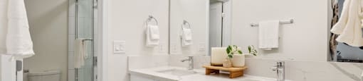 a bathroom with a sink and a toilet and a shower